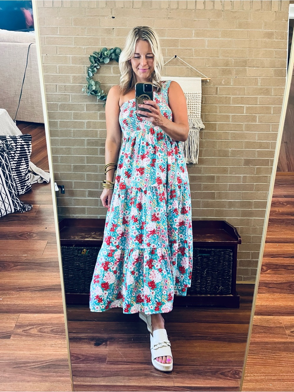 One-Shoulder Floral Midi Dress in Teal and Red